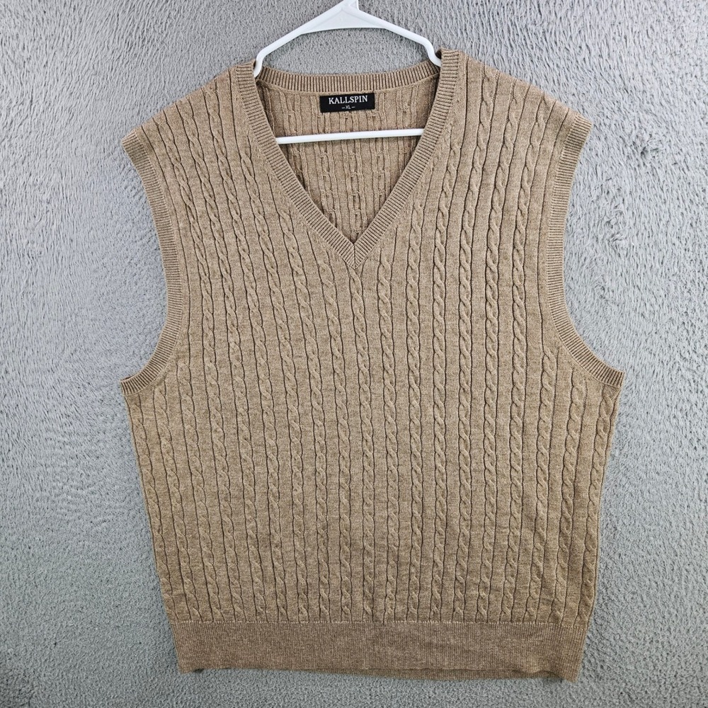 Kallspin Mens XL Tan Wool Blend Cable Knit V-Neck Sweater Vest